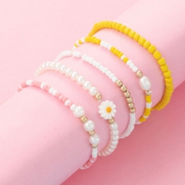 5 St Flickor Faux Pearl Daisy Decor Beaded Armband Set