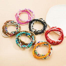 Boho Style Färgglada Rice Pärlor Armband För Kvinnor Flickor Layered Rainbow Beaded Strand För Födelsedagsfest Presentsmycken