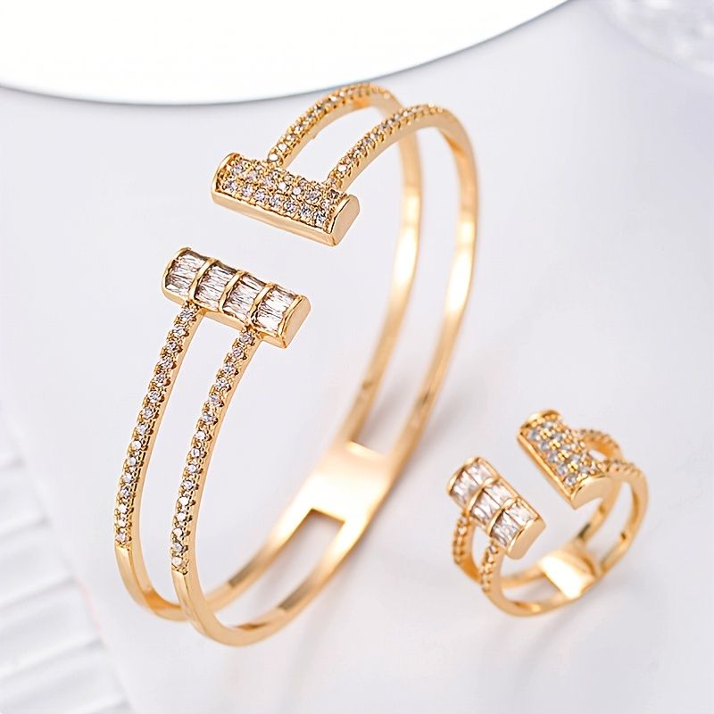 Mode Zirkon Rhinestone Armband Öppen Ring Set Berlocker Smycken Present Födelsedagspresenter För Kvinnor Fru Flickor Henne