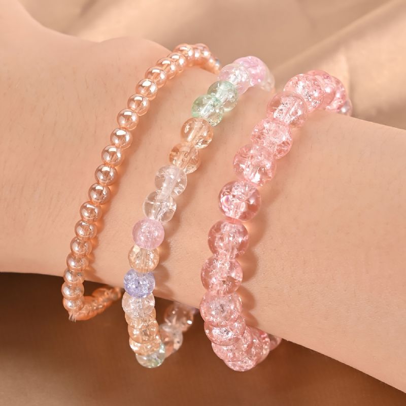 Translucence Crackle Beads Armband 3 St Candy Color Synthetic Gems Sträckbara Söta Smycken För Kvinnor Och Flickor Dagliga Kläder Outfit Födelsedagspresenter