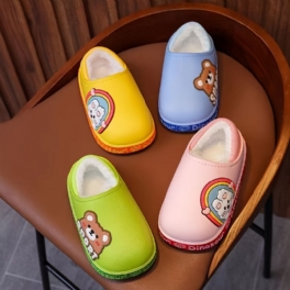 Pojkar Flickor Casual Cartoon Vattentäta Tofflor Fleece Termisk Slip-on Skor Med Regnbåge Kanin Björntryck För Vinter Hem