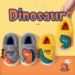 Pojkar Flickor Fritidstofflor Fleece Termisk Tecknad Dinosaurietryck Slip-on Tofflor För Vintern Hem