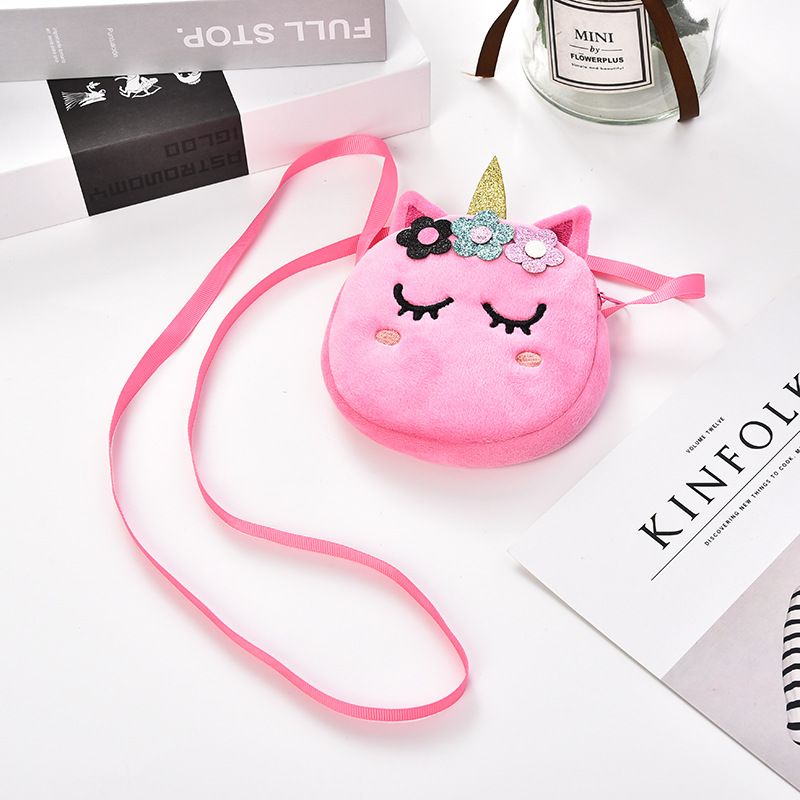 Barns Flickor Söt Cartoon Unicorn Dragkedja Axelväska Plysch Messenger Bag Myntväska
