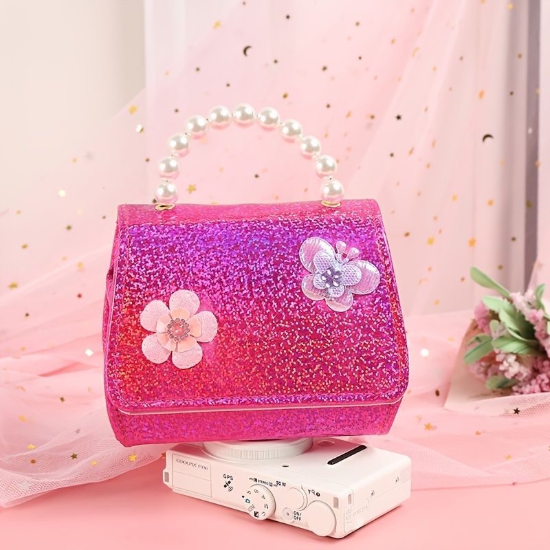 Bebis Flickor Söt Butterfly Flower Decor Pearl Handväska Crossbody Bag Princess Axelväska