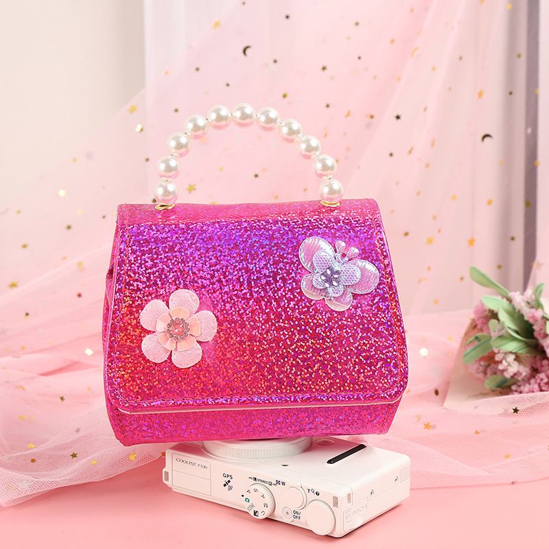 Bebis Flickor Söt Butterfly Flower Decor Pearl Handväska Crossbody Bag Princess Axelväska