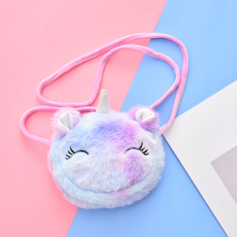 Bebis Flickor Söt Plysch Unicorn Dragkedja Axelväska Messenger Bag Myntväska