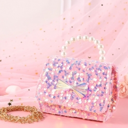 Bebis Flickor Söt Rosett Dekor Pearl Glitter Handväska Crossbody Bag Princess Axelväska Kedjeväska