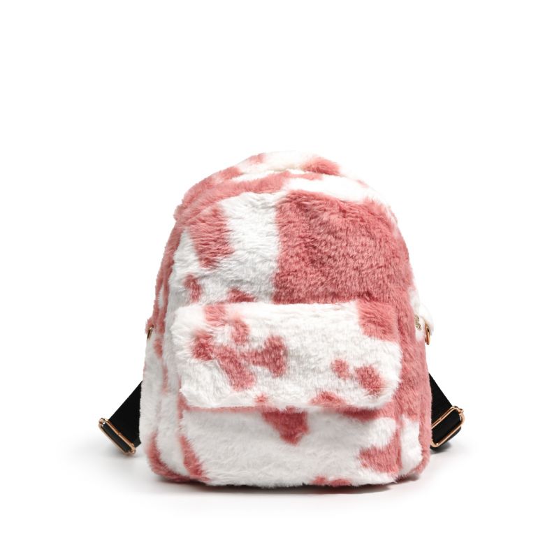 Dam Fuzzy Cow Print Ryggsäck Flickor Plysch Fluffy Söt Liten Bakckpack Skolväska