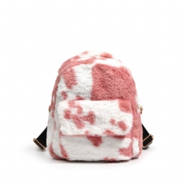 Dam Fuzzy Cow Print Ryggsäck Flickor Plysch Fluffy Söt Liten Bakckpack Skolväska