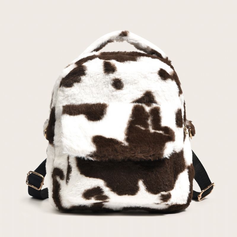 Dam Fuzzy Cow Print Ryggsäck Flickor Plysch Fluffy Söt Liten Bakckpack Skolväska