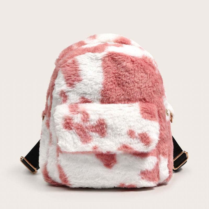 Dam Fuzzy Cow Print Ryggsäck Flickor Plysch Fluffy Söt Liten Bakckpack Skolväska