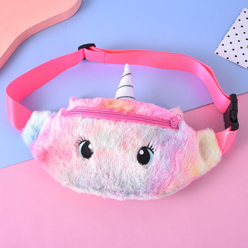 Flickor Plysch Cartoon Unicorn Midjeväska Dragkedja Axelremsväska Messenger Bag Crossbody-väska Myntväska