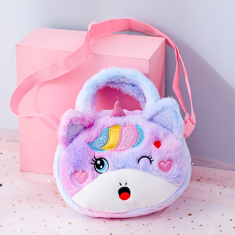 Flickor Söt Unicorn Zipper Plush Messenger Bag Myntväska Axelväska