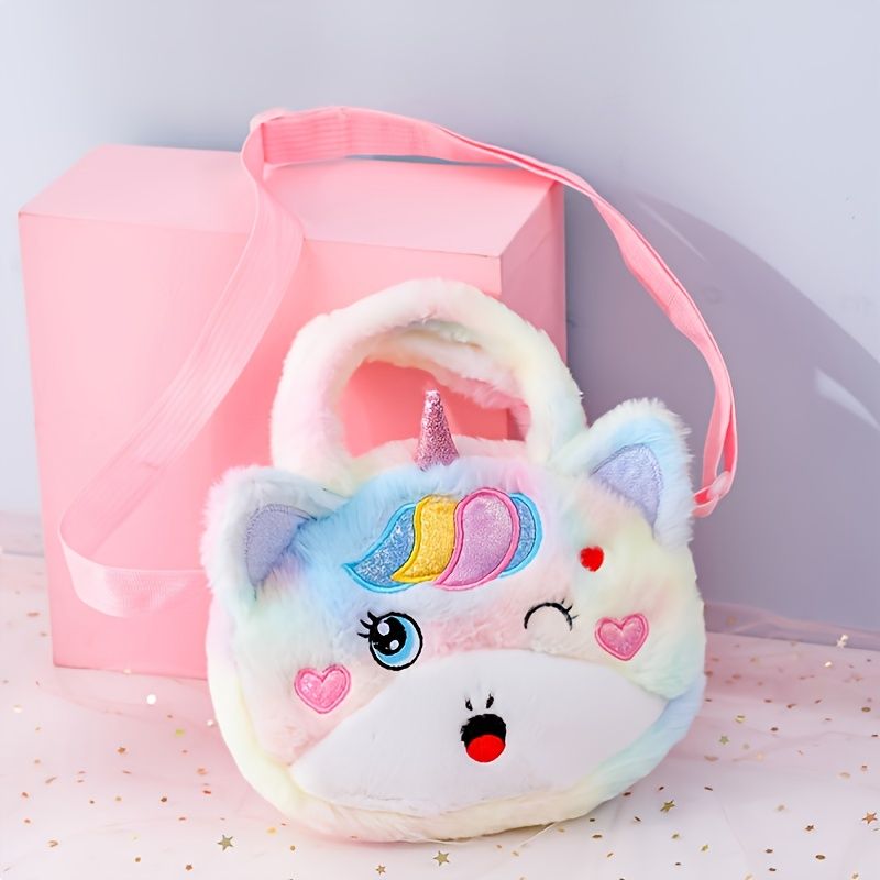 Flickor Söt Unicorn Zipper Plush Messenger Bag Myntväska Axelväska