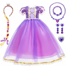 6st Flickor Rapunzel Lila Prinsessa Klänning Kostym Smycken & Blomfläta Hårband För Julaftonsfest Födelsedag Barnkläder