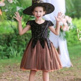 Barn Flickor Halloween Tyll Häxor Cosplay Klänning Kortärmad Balklänning Gasväv Kjol Kostym Födelsedagsfest Med Hatt