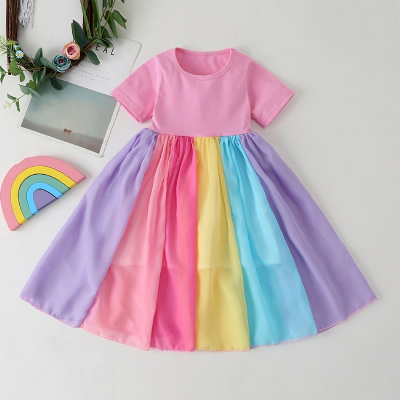 Bebis Flickor Color Block Dress Kortärmad Rainbow Mesh Klänning Festklänning Barnkläder