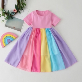 Bebis Flickor Color Block Dress Kortärmad Rainbow Mesh Klänning Festklänning Barnkläder