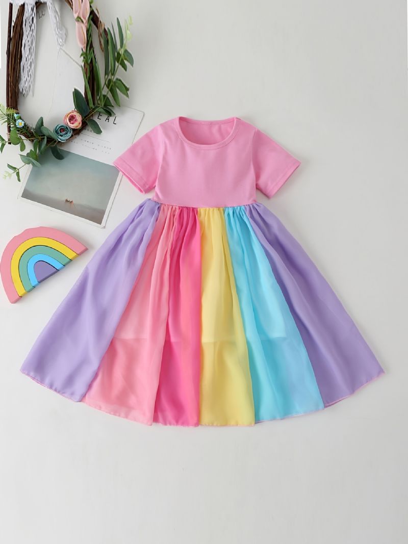 Bebis Flickor Color Block Dress Kortärmad Rainbow Mesh Klänning Festklänning Barnkläder