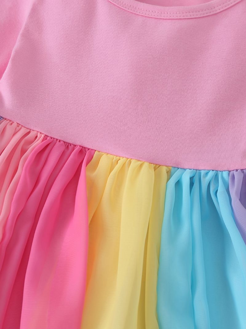 Bebis Flickor Color Block Dress Kortärmad Rainbow Mesh Klänning Festklänning Barnkläder