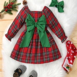 Bebis Flickor Julklänning Röd Rutig Rosett Långärmad Klänning Pannband Set Barnkläder