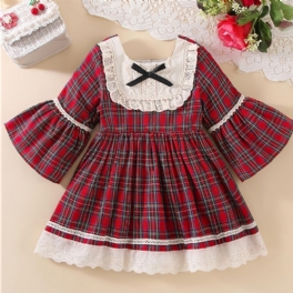 Bebis Flickor Julklänning Rutig Flare Sleeve Spets Princess Dress Barnkläder