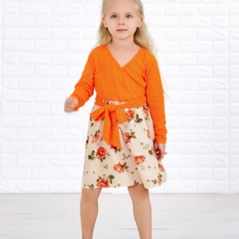 Bebis Flickor Långärmad Klänning V-ringad Blommor Sömmar Orange Barnkläder