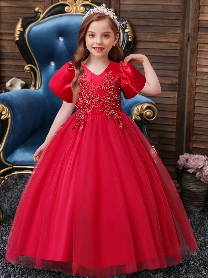 Bebis Flickor Puff Sleeve Rosett Tutu Klänning Festklänning Prinsess Bröllopsklänning Blomstertjejer