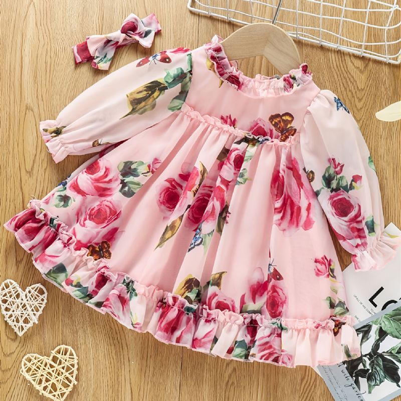 Bebis Flickor Rose Flower Lantern Sleeve Söt Klänning