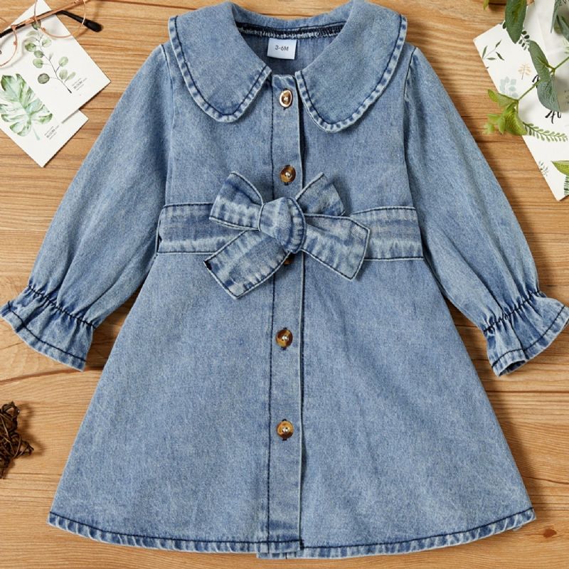 Bebis Flickor Rosett Bälte Volanger Fåll Denim Klänning