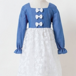 Bowknot Denim Långärmad Spetsklänning För Flickor