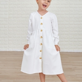 Flicka Solid Långärmad Button Up Casual Klänning Barnkläder