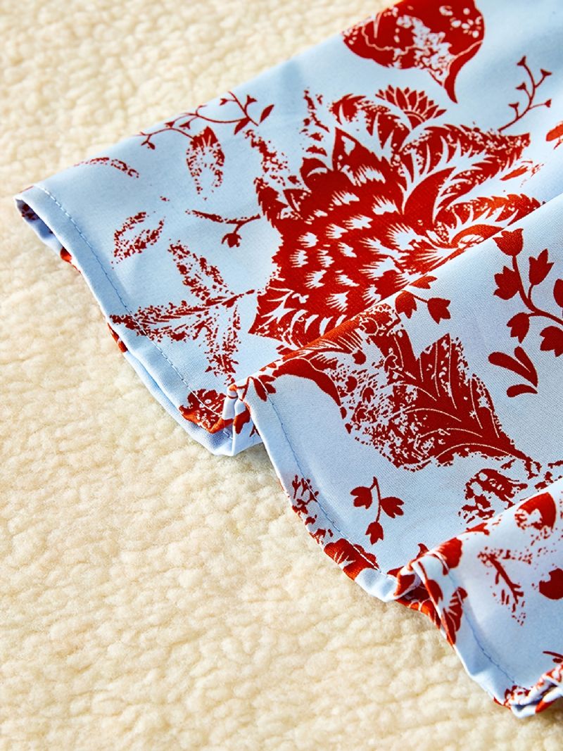 Flicka V-ringad Långärmad Blå Blomma Print Klänning Barnkläder