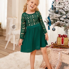 Flickklänning Hollow Out Spets Långärmad Klänning Holiday Party Dress Barnkläder