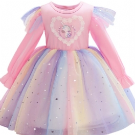 Flickklänning Långärmad Enhörningstryck Regnbågspaljett Stjärna Mesh Prinsessklänning Tutu Festklänning