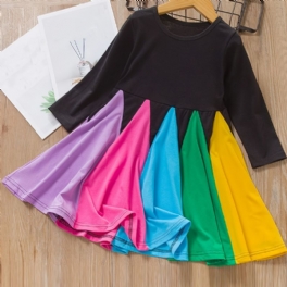 Flickklänning Långärmad Rundhalsad Colorblock Rainbow Ruffle Dress Princess
