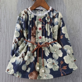 Flickklänningar Vintage Enkelknäppt Klänning Med Snörning Med Blommönster För Barn