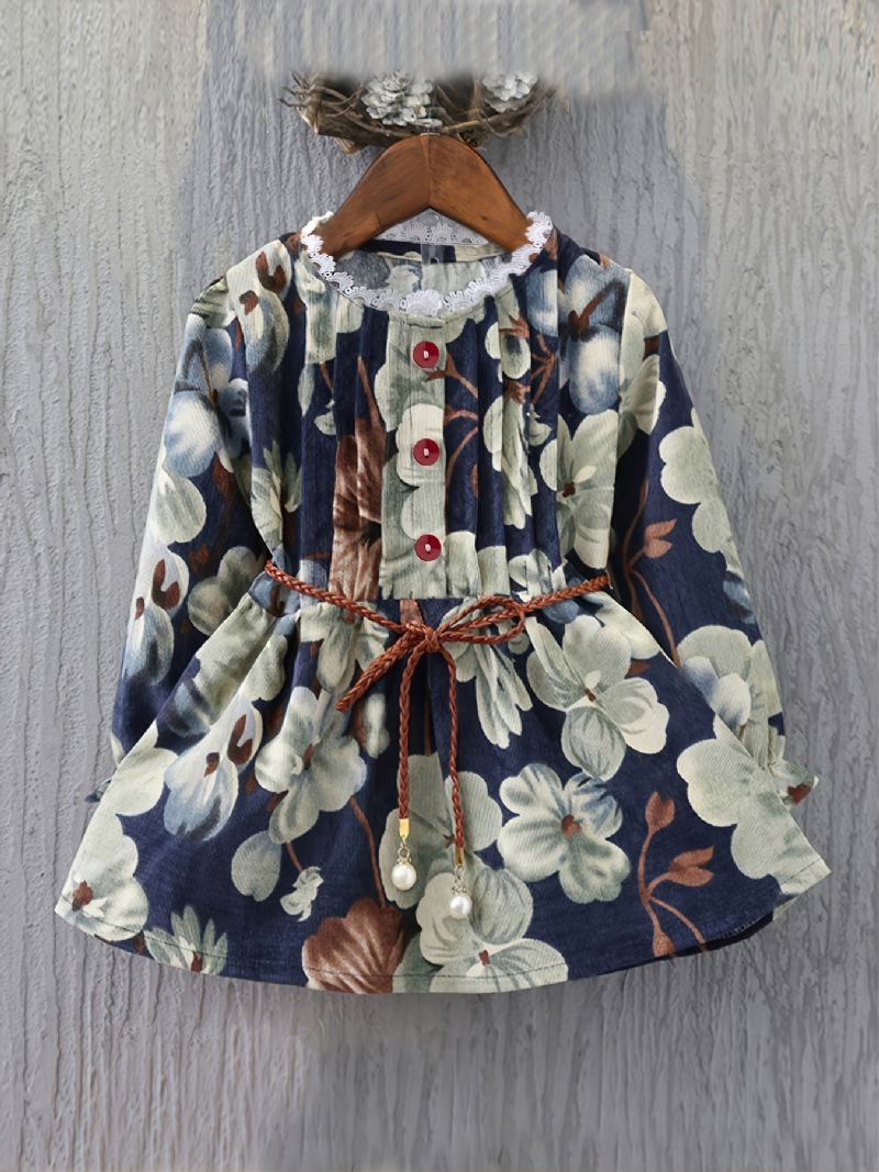 Flickklänningar Vintage Enkelknäppt Klänning Med Snörning Med Blommönster För Barn