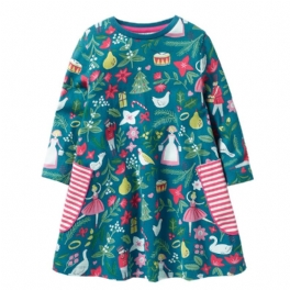 Flickor Christmas Princess Dress Cartoon Print Långärmad Crew Neck Party