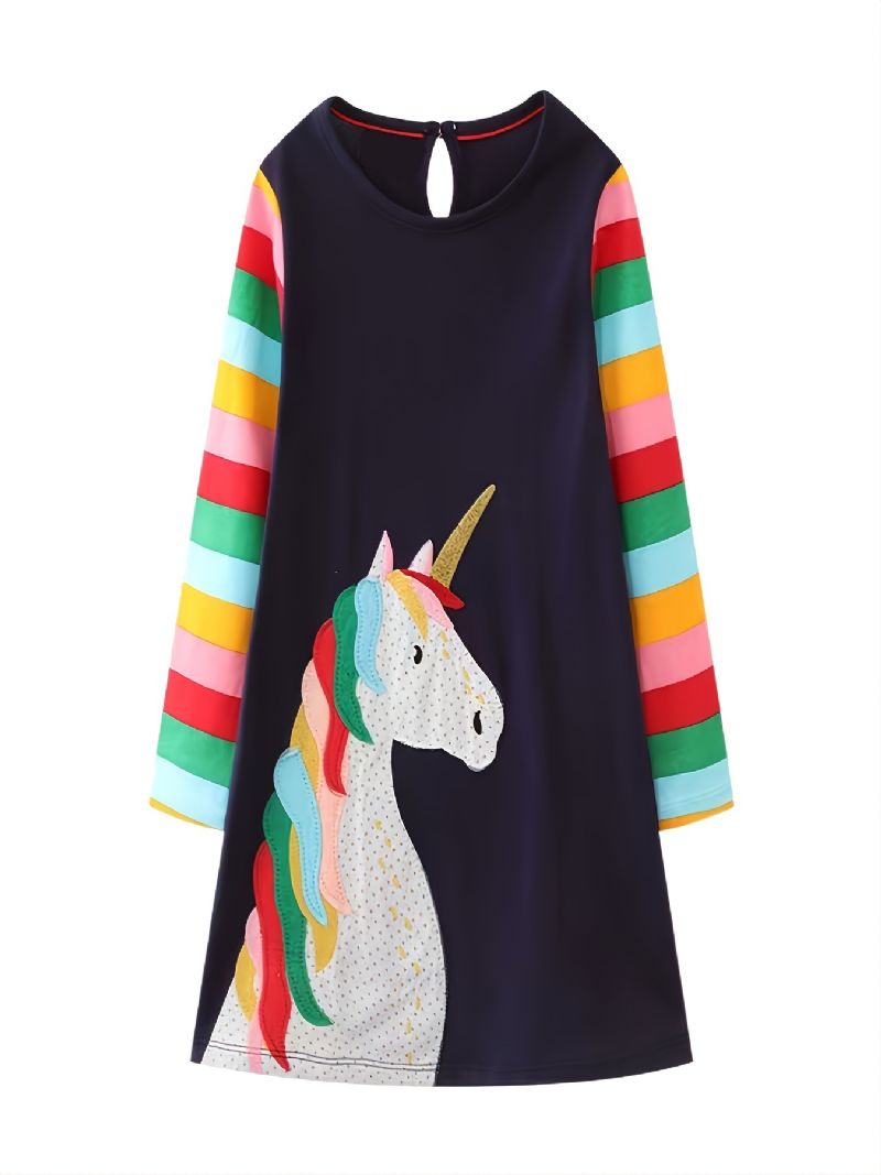 Flickor Långärmad Rundhalsad Klänning Bomull Broderad Unicorn Princess Dress