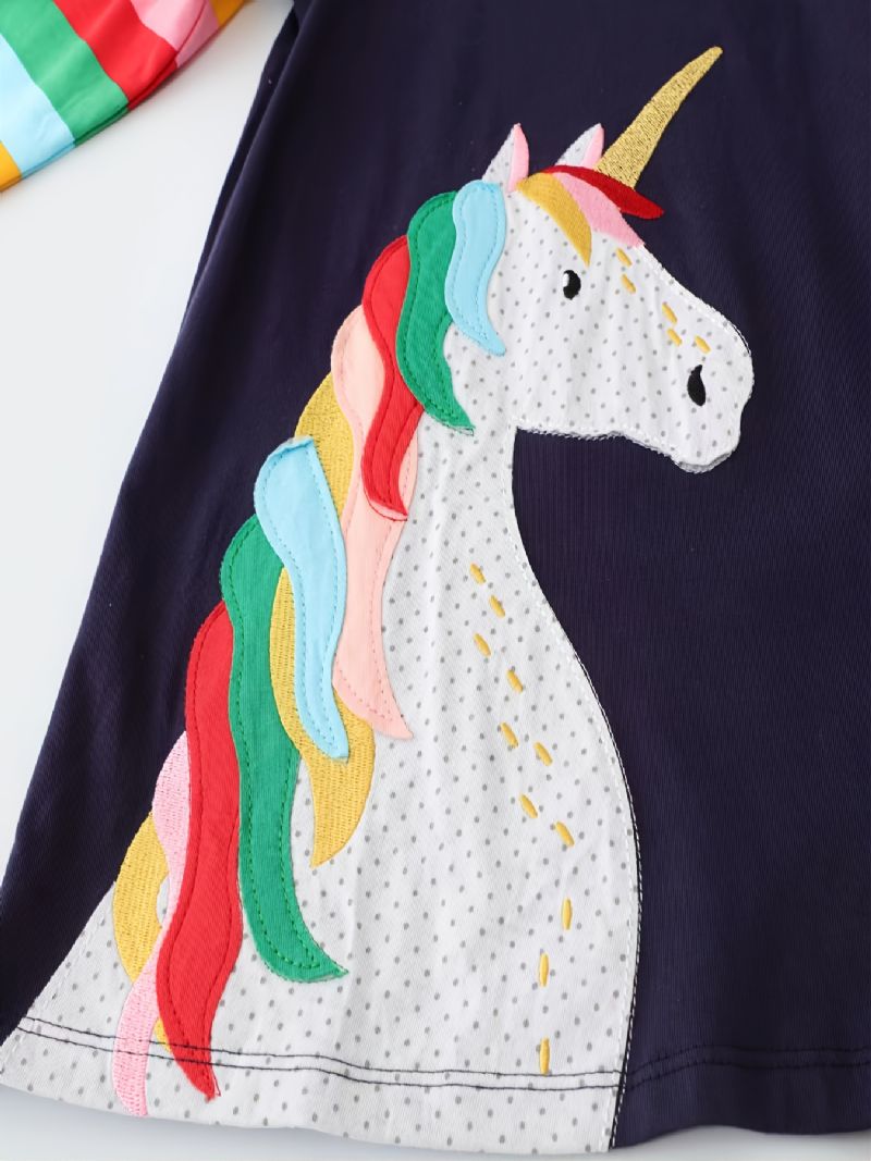 Flickor Långärmad Rundhalsad Klänning Bomull Broderad Unicorn Princess Dress