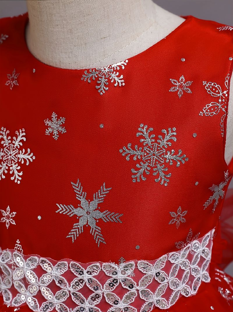 Flickor Med Fast Snöflingatryckt Klänning Prinsessklänning Födelsedagsfest Performance Julklänning Speciellt Tillfälle