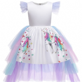 Flickor Mesh Princess Dress Unicorn Print Dräkt Högtidlig Klänning För Festklänning Jul Födelsedag Kvällsfest Bröllop