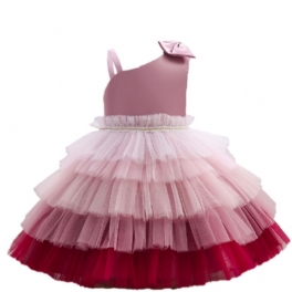 Flickor Prinsessa Klänning Ärmlös Rosett Gradient Färg Lager Tyll Tutu Prestanda Bröllop Blomster För Afton Födelsedagsfest Barn Kläder