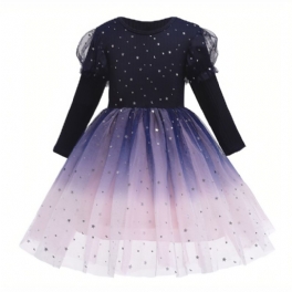 Flickor Puff Långärmad Klänning Gradient Färg Starry Tutu Fest Prinsess Barnkläder