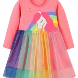 Flickor Rainbow Unicorn Mönster Mesh Klänning Barnkläder