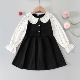 Flickor Ruffelklänning Splicing Långärmad Dockkrage Polka Dot Dress Barnkläder