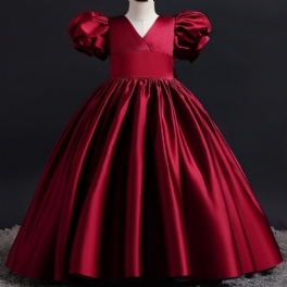 Flickor Satin High Waist Puff Sleeve Dress Barnkläder För Festbal