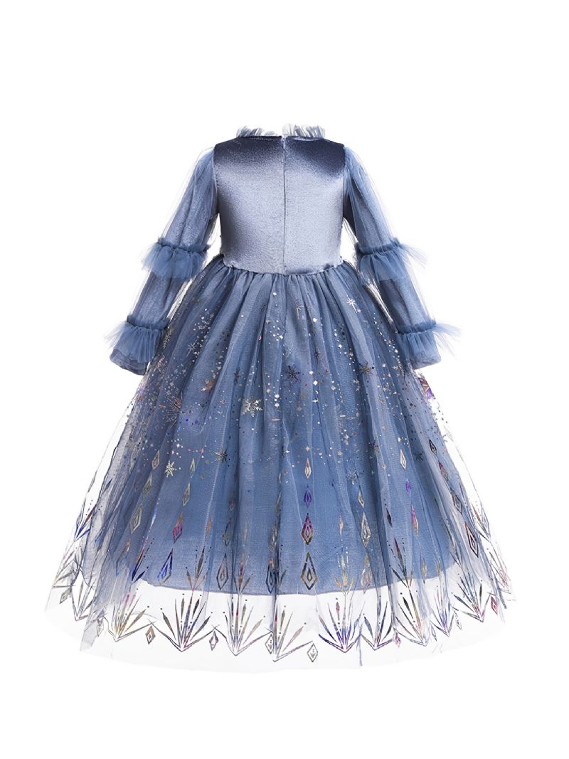 Flickor Snowflake Print Mesh Långärmad Elsa Princess Klänning Barnkläder Till Jul