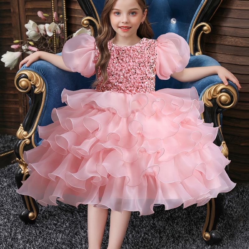 Flickor Söt Elegant Puff Sleeve Mesh Princess Dress For Performance Party Kostymer Rosa